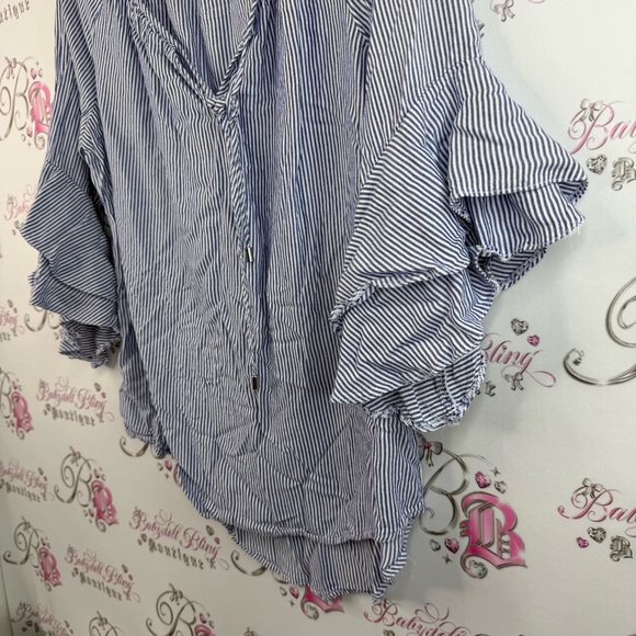 Cleo long sleeve top ruffles frilly tie up Blue Striped Ruffle Sleeve Top - Picture 3 of 13